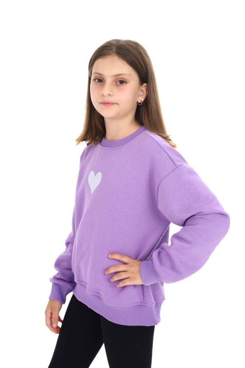 Lila Kalp Baskılı Polarlı Kız Çocuk Sweatshirt 16470