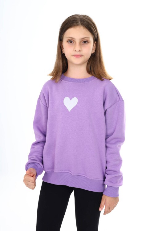 Lila Kalp Baskılı Polarlı Kız Çocuk Sweatshirt 16470