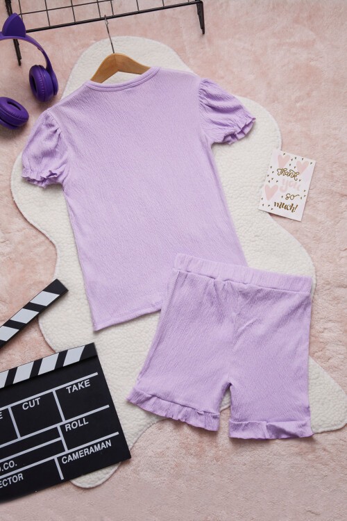 Lila Kalpli Karakter Baskılı Kız Çocuk Şortlu Takım 15448