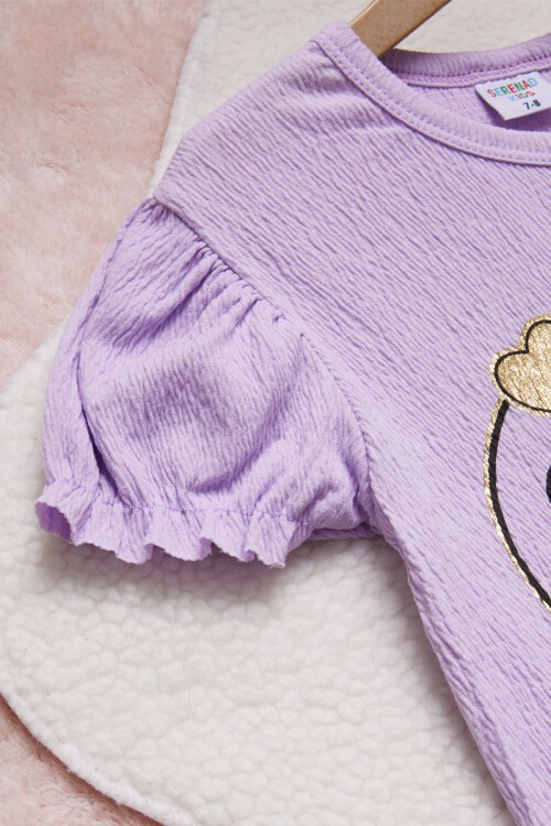 Lila Kalpli Karakter Baskılı Kız Çocuk Şortlu Takım 15448