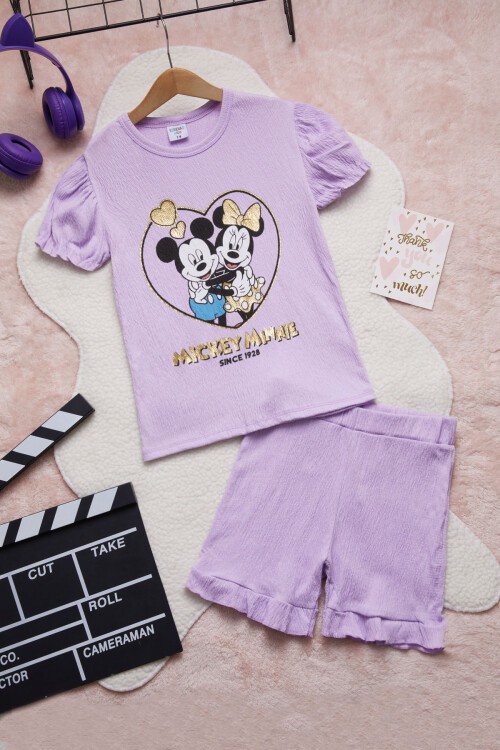 Lila Kalpli Karakter Baskılı Kız Çocuk Şortlu Takım 15448