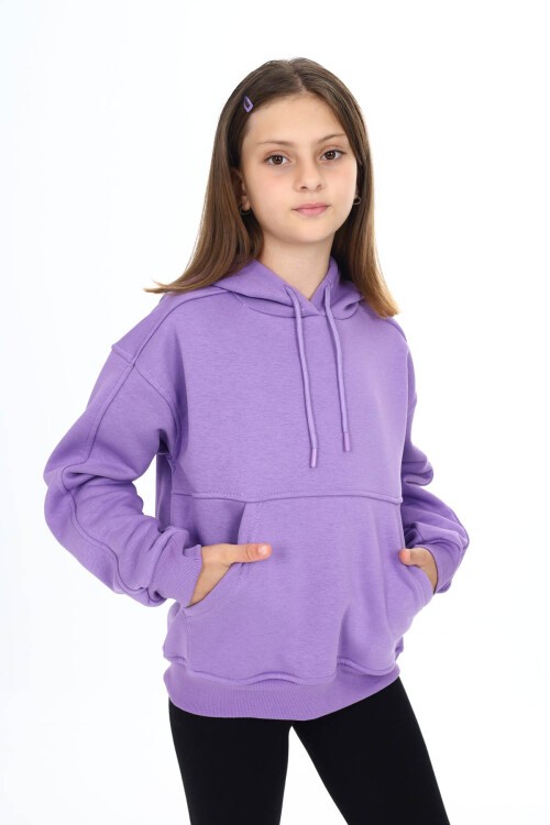 Lila Kapüşonlu Polarlı Kız Çocuk Sweatshirt 16499