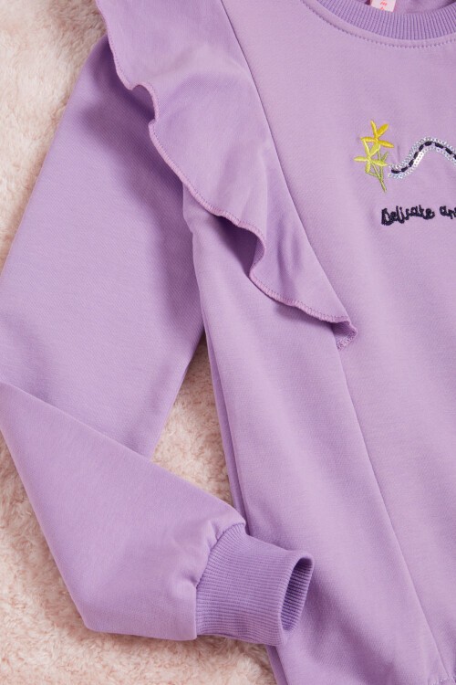Lila Kelebek Nakışlı Volanlı Kız Çocuk Sweatshirt 16406