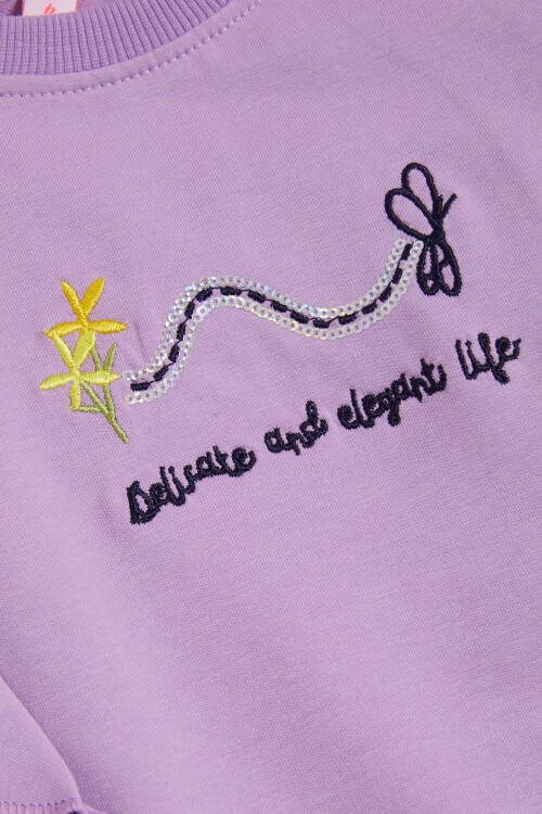 Lila Kelebek Nakışlı Volanlı Kız Çocuk Sweatshirt 16406