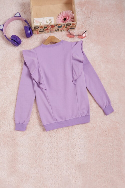 Lila Kelebek Nakışlı Volanlı Kız Çocuk Sweatshirt 16406
