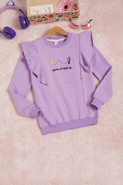 Lila Kelebek Nakışlı Volanlı Kız Çocuk Sweatshirt 16406