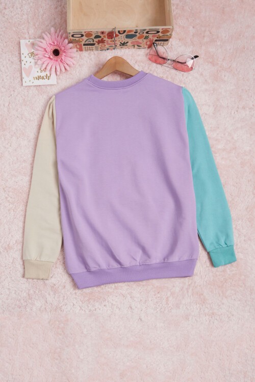 Lila Kolları Renkli Yazı Baskılı Kız Çocuk Sweatshirt 16285