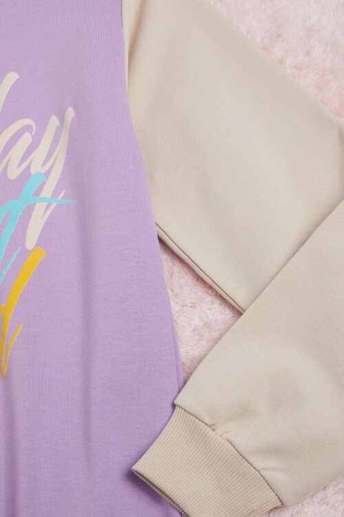 Lila Kolları Renkli Yazı Baskılı Kız Çocuk Sweatshirt 16285