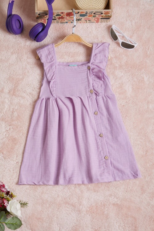 Lila Kolsuz Düğmeli Kız Çocuk Elbise 15596