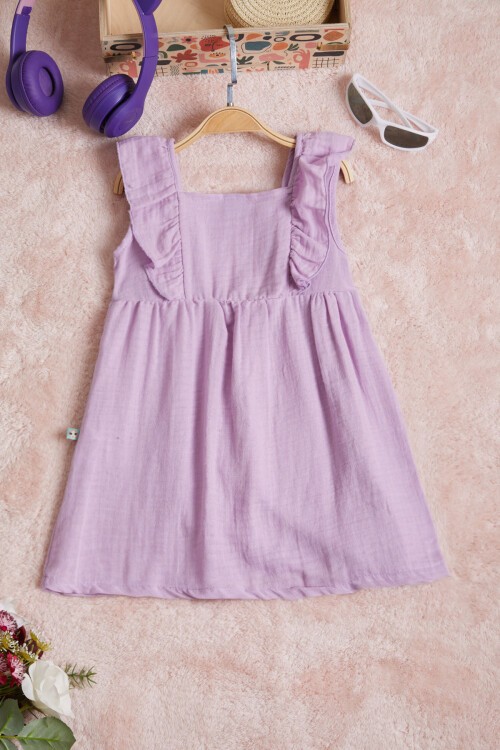 Lila Kolsuz Düğmeli Kız Çocuk Elbise 15596