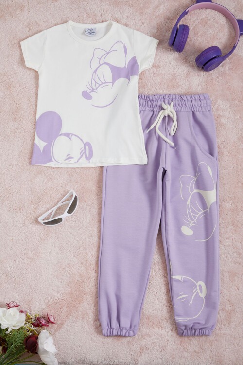 Lila Mickey Karakter Baskılı Kız Çocuk Tişörtlü Takım 16078