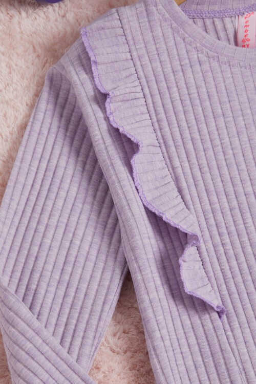 Lila Önü Fırfırlı Fitilli Uzun Kollu Sweatshirt