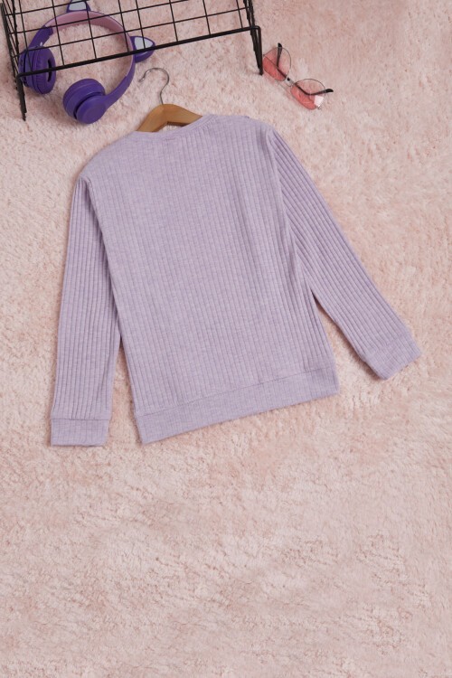 Lila Önü Fırfırlı Fitilli Uzun Kollu Sweatshirt