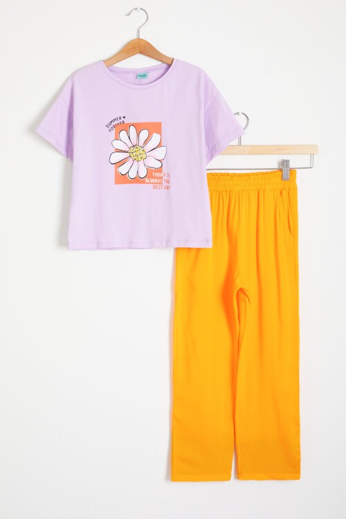 Lila Papatya Baskılı Kız Çocuk Alt Üst Yazlık Takım 15462