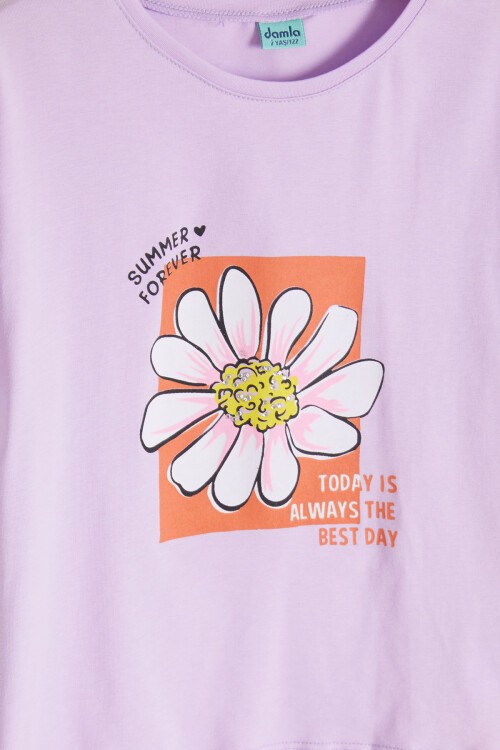 Lila Papatya Baskılı Kız Çocuk Alt Üst Yazlık Takım 15462