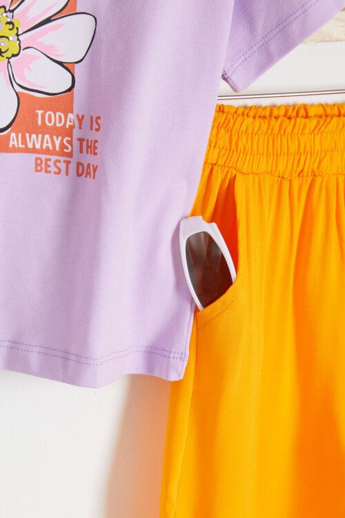 Lila Papatya Baskılı Kız Çocuk Alt Üst Yazlık Takım 15462