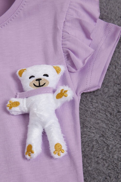 Lila Peluş Ayıcıklı Fırfırlı Kız Çocuk T-shirt 15536