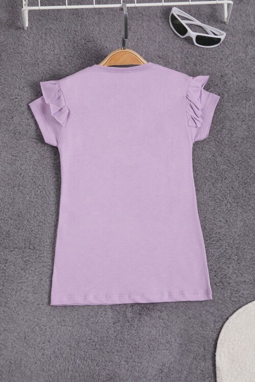 Lila Peluş Ayıcıklı Fırfırlı Kız Çocuk T-shirt 15536