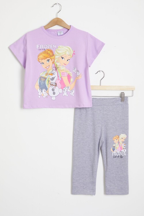 Lila Simli Frozen Baskı Tişört ve Şort Taytlı Kız Takım 15443