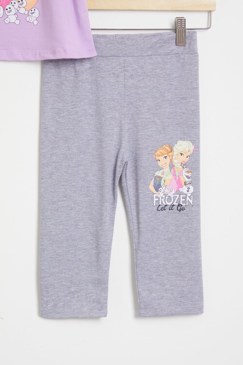 Lila Simli Frozen Baskı Tişört ve Şort Taytlı Kız Takım 15443