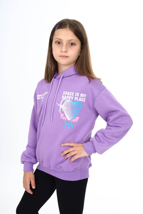 Lila Sırtı Kalp Baskılı Kız Çocuk Polarlı Kapüşonlu Sweatshirt 16498