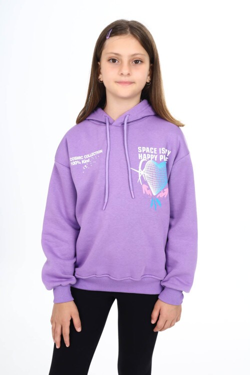 Lila Sırtı Kalp Baskılı Kız Çocuk Polarlı Kapüşonlu Sweatshirt 16498