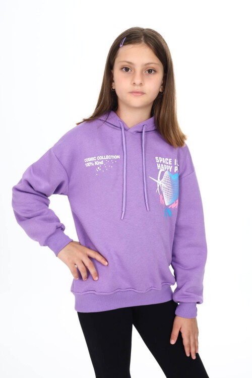 Lila Sırtı Kalp Baskılı Kız Çocuk Polarlı Kapüşonlu Sweatshirt 16498