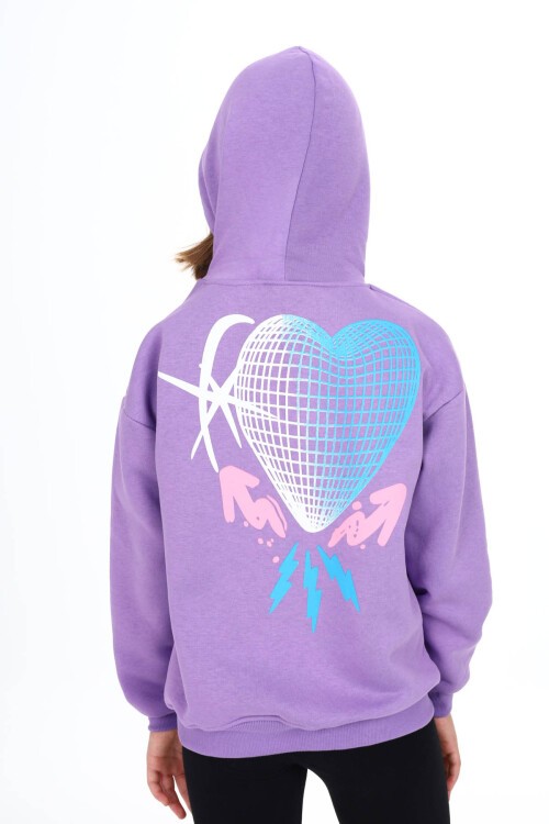 Lila Sırtı Kalp Baskılı Kız Çocuk Polarlı Kapüşonlu Sweatshirt 16498