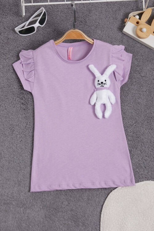 Lila Tavşan Detaylı Fırfırlı Kız Çocuk T-shirt 15547