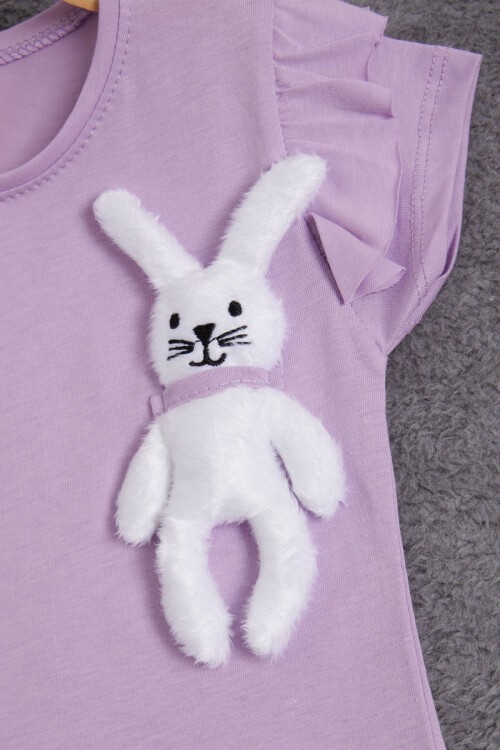 Lila Tavşan Detaylı Fırfırlı Kız Çocuk T-shirt 15547