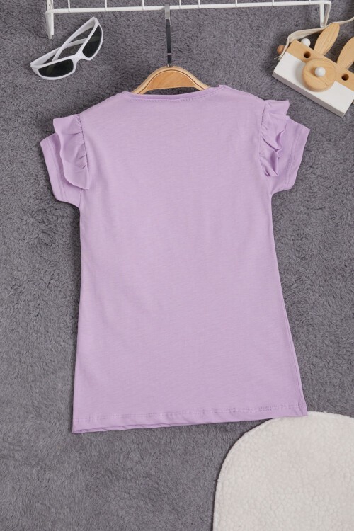 Lila Tavşan Detaylı Fırfırlı Kız Çocuk T-shirt 15547