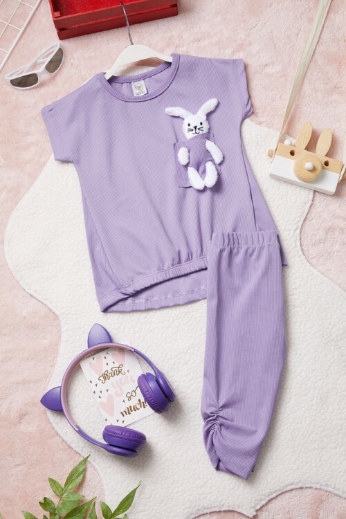 Lila Tavşan Detaylı Kız Çocuk Şortlu Takım 15426