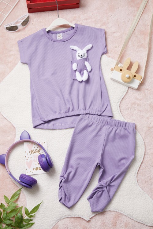 Lila Tavşan Detaylı Kız Çocuk Şortlu Takım 15426