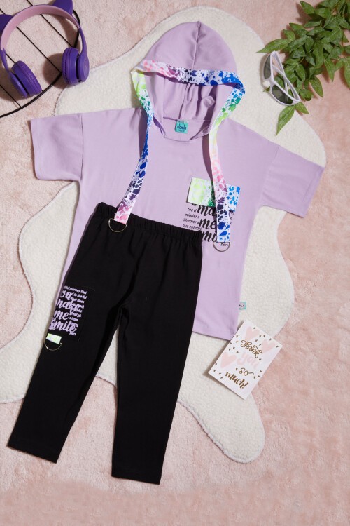 Lila Yazı Baskılı Kapüşonlu Kız Çocuk 2li Takım 15439