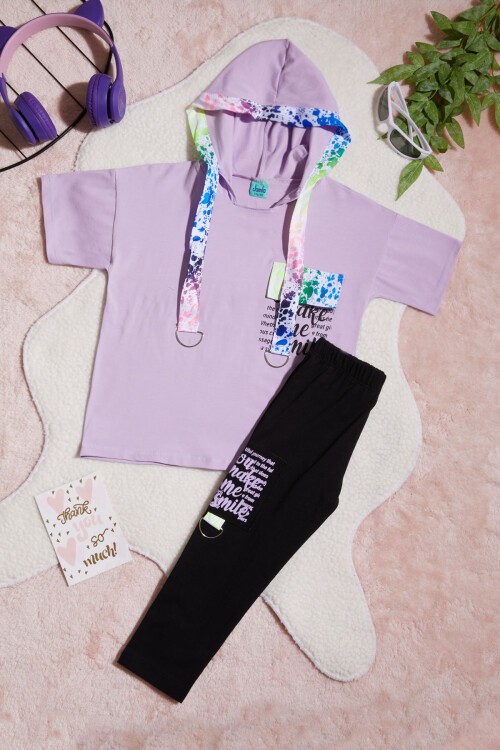 Lila Yazı Baskılı Kapüşonlu Kız Çocuk 2li Takım 15439