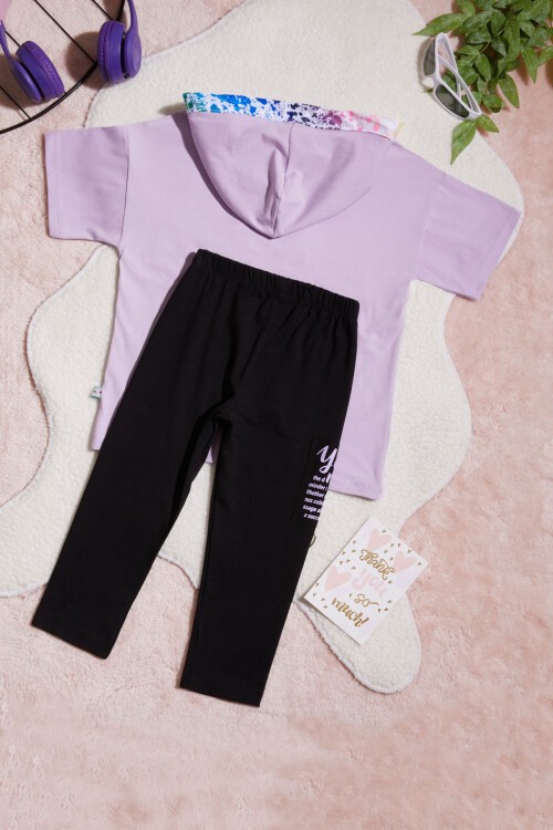 Lila Yazı Baskılı Kapüşonlu Kız Çocuk 2li Takım 15439