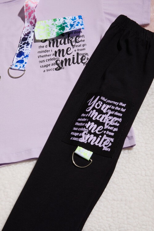 Lila Yazı Baskılı Kapüşonlu Kız Çocuk 2li Takım 15439