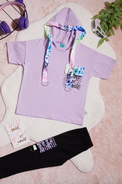 Lila Yazı Baskılı Kapüşonlu Kız Çocuk 2li Takım 15439