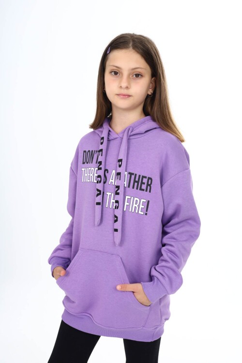 Lila Yazı Baskılı Polarlı Kız Çocuk Kapşonlu Sweatshirt 16436