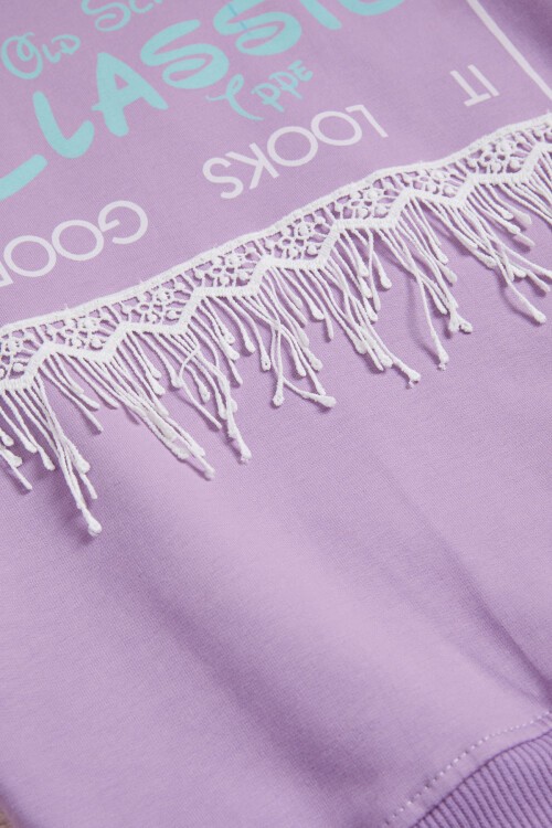 Lila Yazı Baskılı Püsküllü Kız Çocuk Sweatshirt 16315