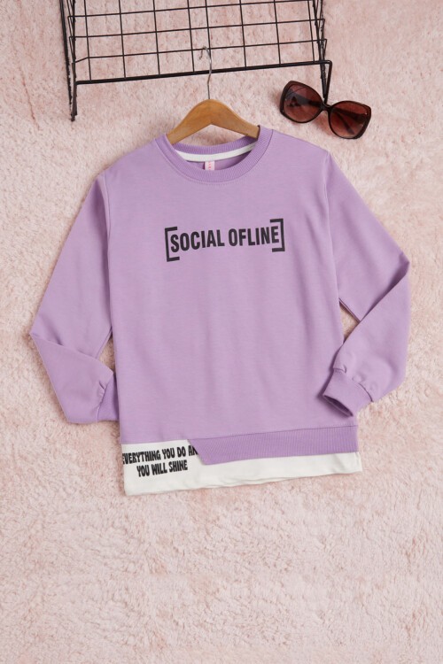 Lila Yazı Baskılı Şeritli Kız Çocuk Sweatshirt 16292