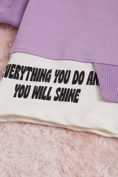 Lila Yazı Baskılı Şeritli Kız Çocuk Sweatshirt 16292