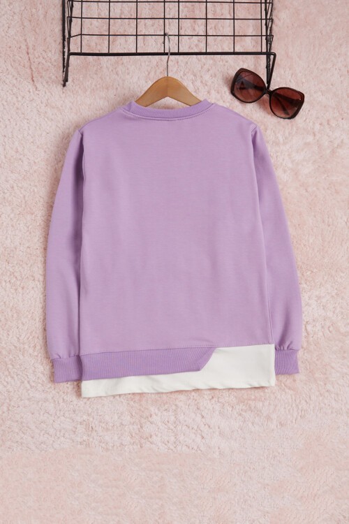 Lila Yazı Baskılı Şeritli Kız Çocuk Sweatshirt 16292