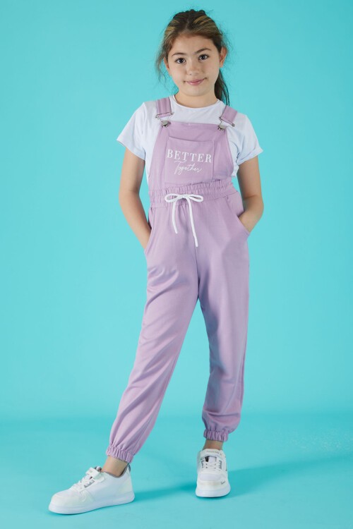 Lila Yazı Baskılı Tişörtlü Kız Salopet Tulum 15684