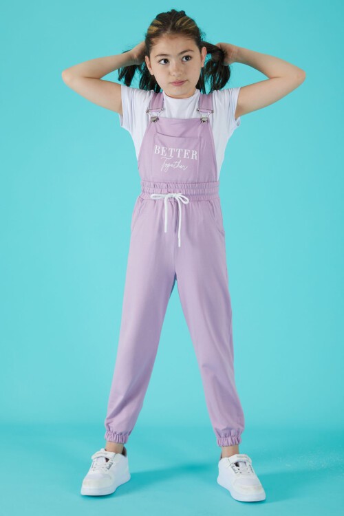 Lila Yazı Baskılı Tişörtlü Kız Salopet Tulum 15684