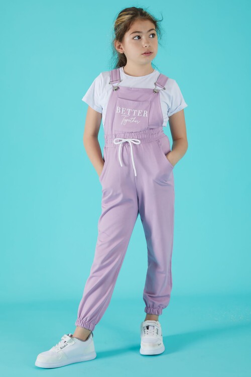 Lila Yazı Baskılı Tişörtlü Kız Salopet Tulum 15684