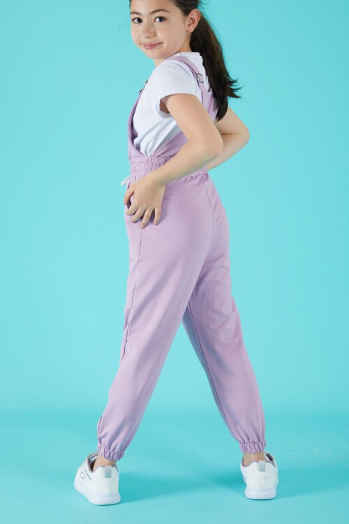 Lila Yazı Baskılı Tişörtlü Kız Salopet Tulum 15684