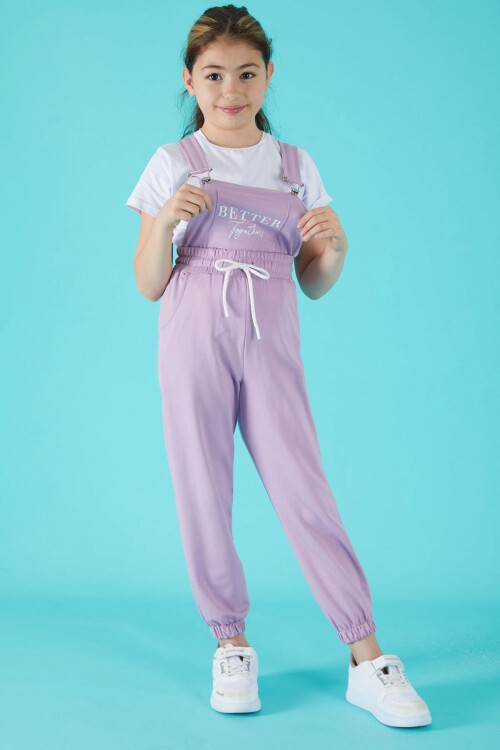 Lila Yazı Baskılı Tişörtlü Kız Salopet Tulum 15684