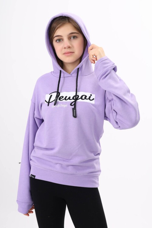 Lila Yazı Nakışlı Kapüşonlu Kız Çocuk Sweatshirt 16443
