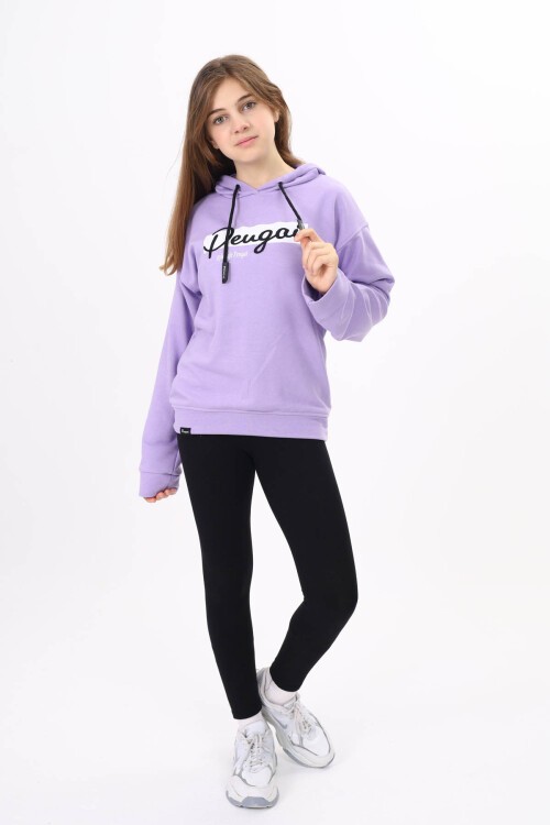 Lila Yazı Nakışlı Kapüşonlu Kız Çocuk Sweatshirt 16443